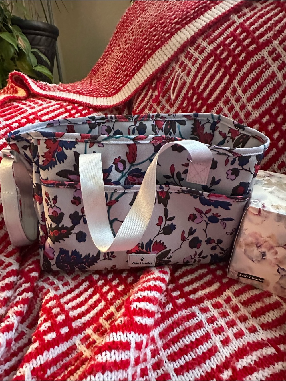 Vera Bradley Gray Floral Organizer Tote with Pink and Blue Accents